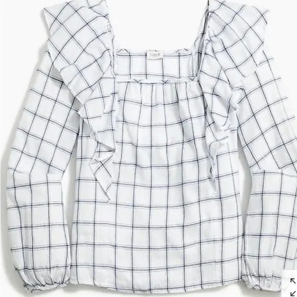 J.Crew Plaid Flannel Square Neck Ruffle Blouse size Large